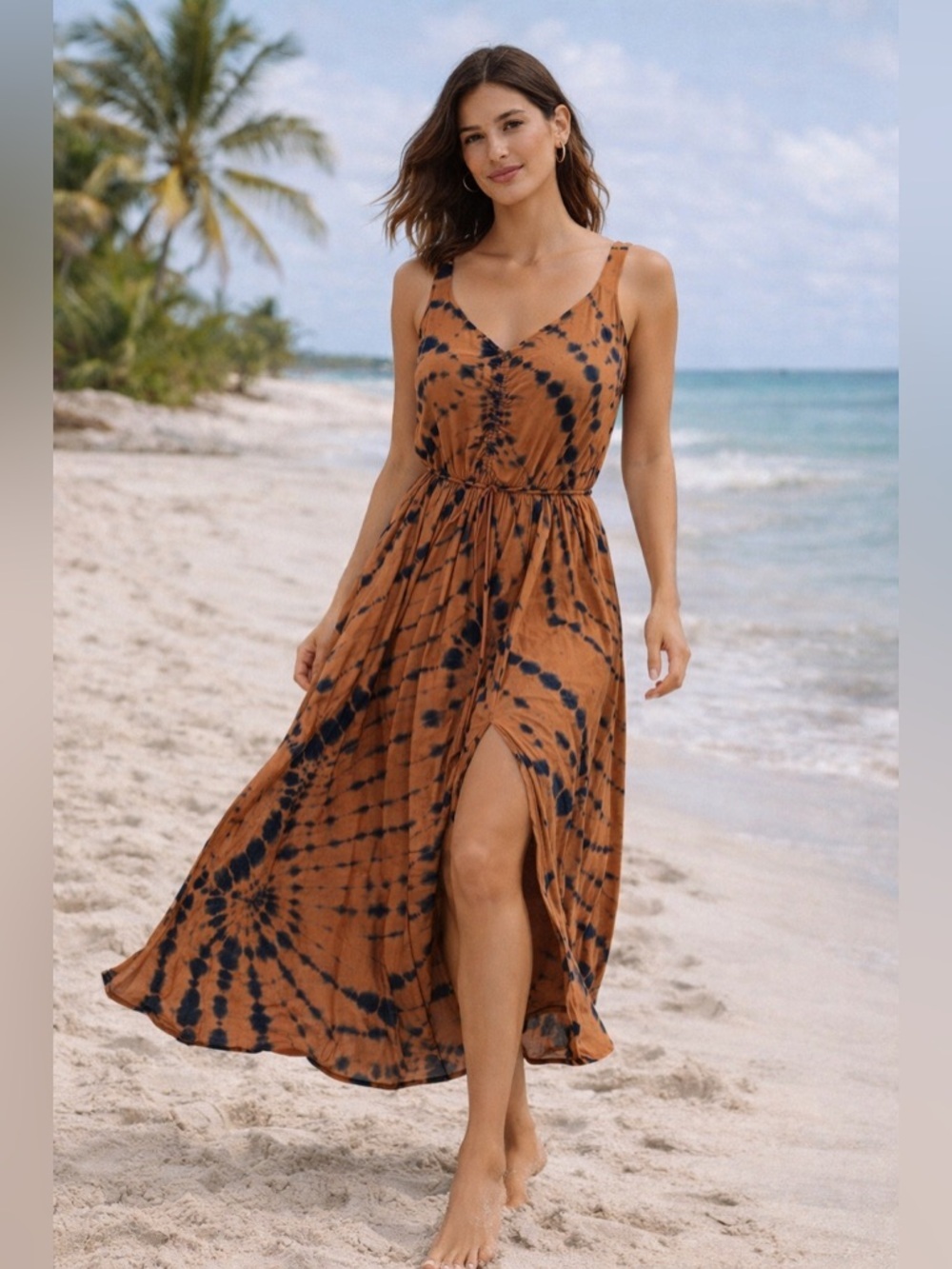 YFB Young Fabulous & Broke Tie Dye Maxi Dress M Orange Blue Ruched Slit